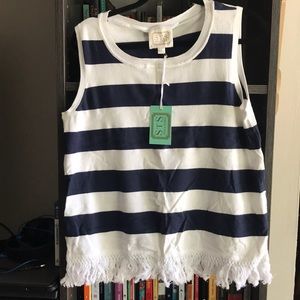Sail to Sable navy blue striped fringed top